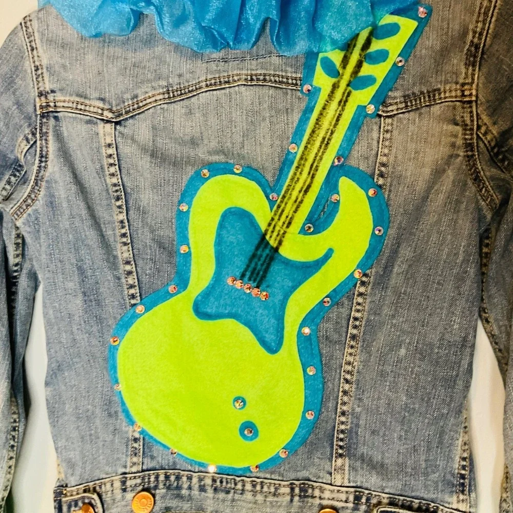 &NOW women's embellished Y2K pop star denim Jean jacket Upcycled sz 4 ruffle DIY